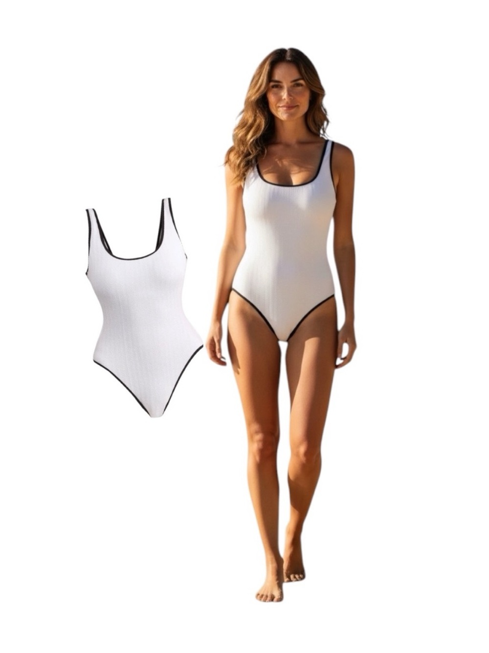 No Boundaries Herringbone Crinkle White One-Piece Swimsuit with Black Edge Trim